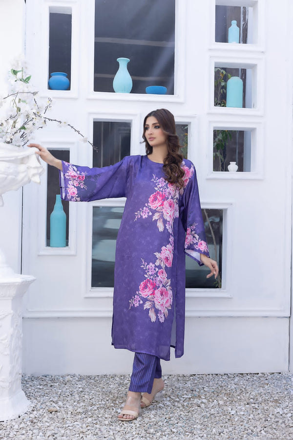 2 PC- Printed Silk Suit-Stitched