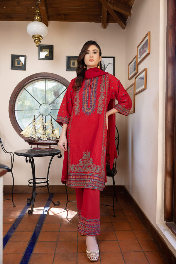 3PC Fully embroidered front paired with embroidered bottom with crinkle chiffon dupatta-Stitched