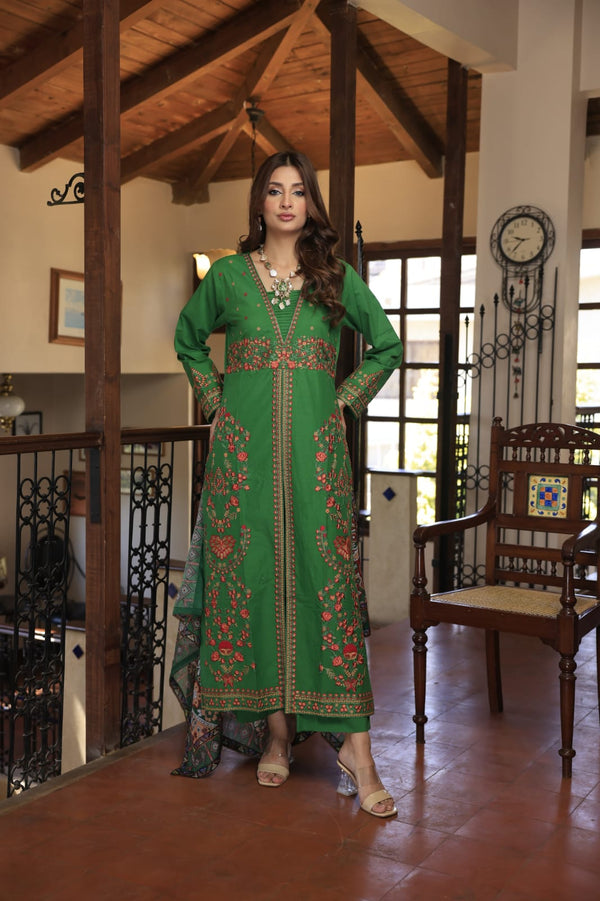 3PC Fully Embroidered Front Paired With Straight Pants and Silk Digital Dupatta-Stitched